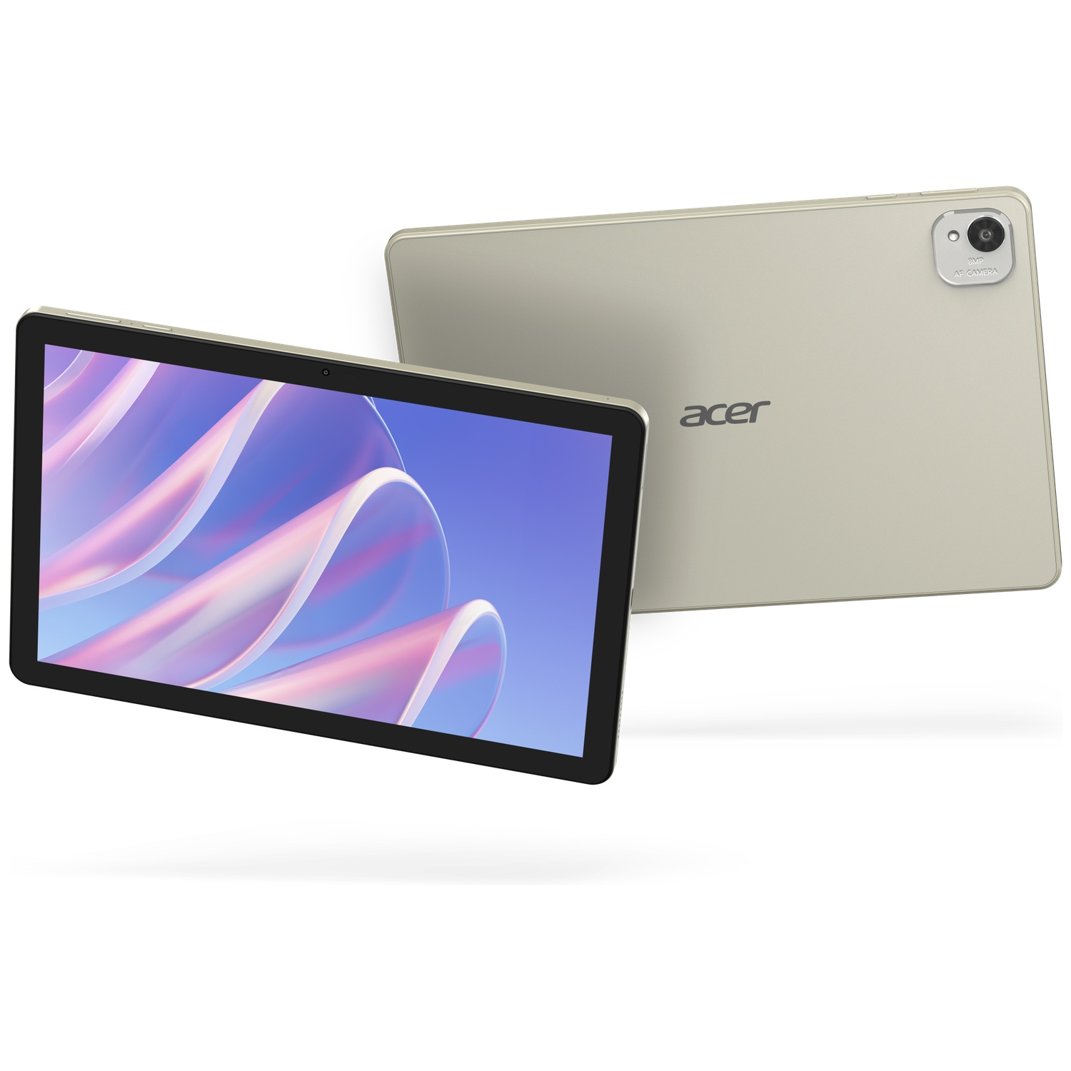 Twee gouden Acer tablets naast elkaar. Eén toont een kleurrijk scherm.