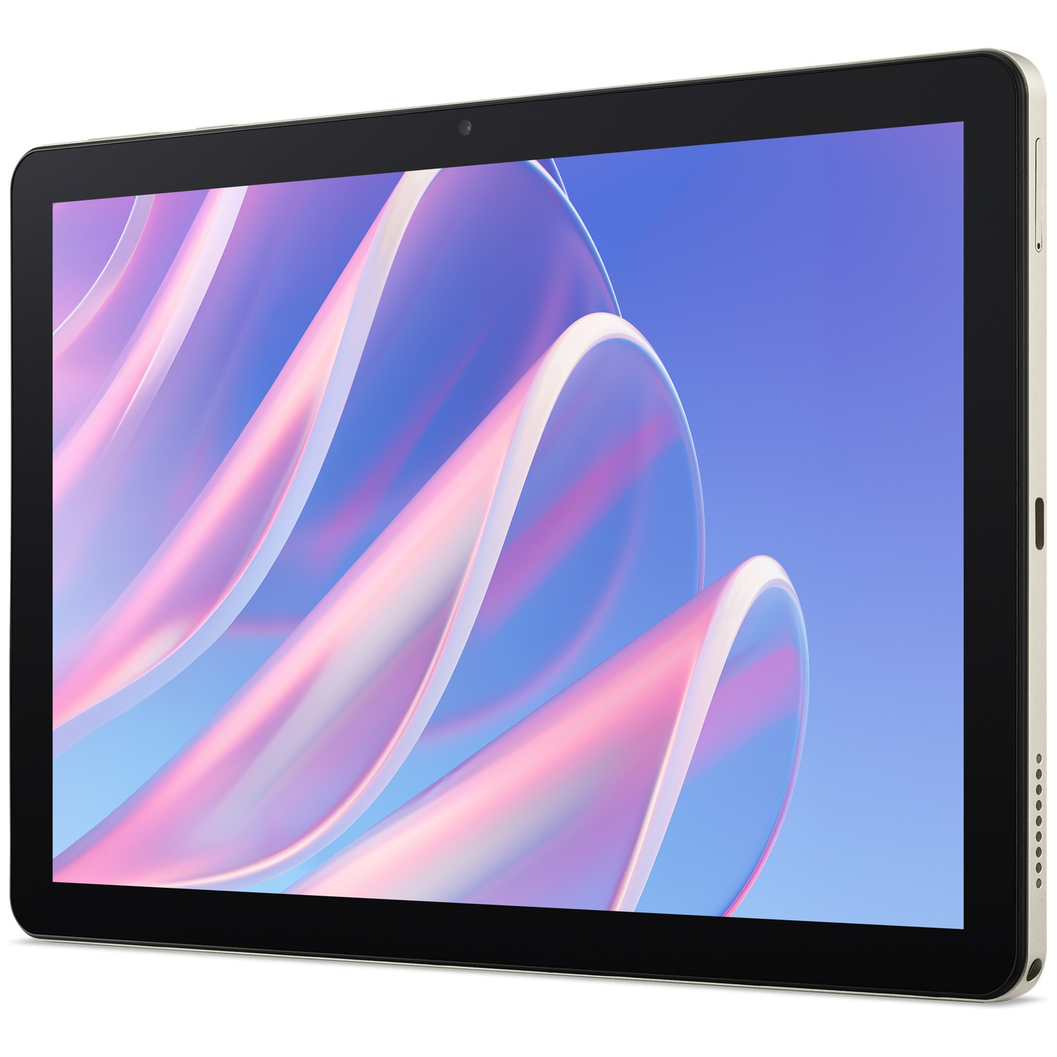 Een zilveren tablet met een abstracte, kleurrijke achtergrond op het scherm.