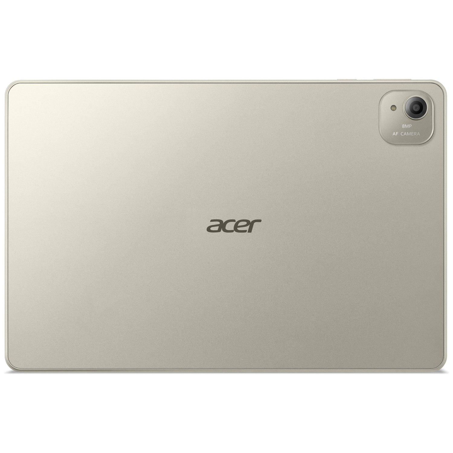 Achterkant van een zilveren Acer tablet met 8MP camera rechtsboven.