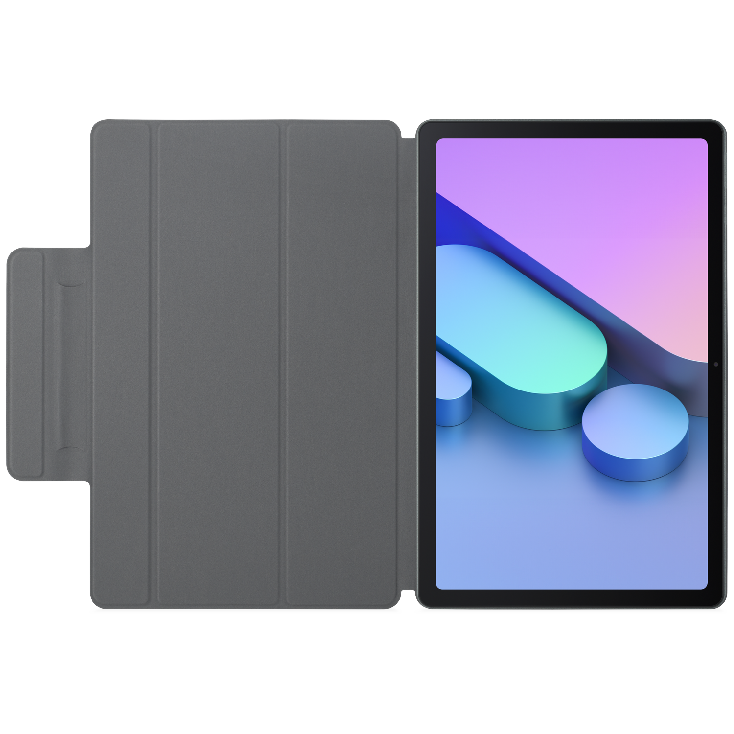 Grijze tablet met hoes en abstracte schermweergave.