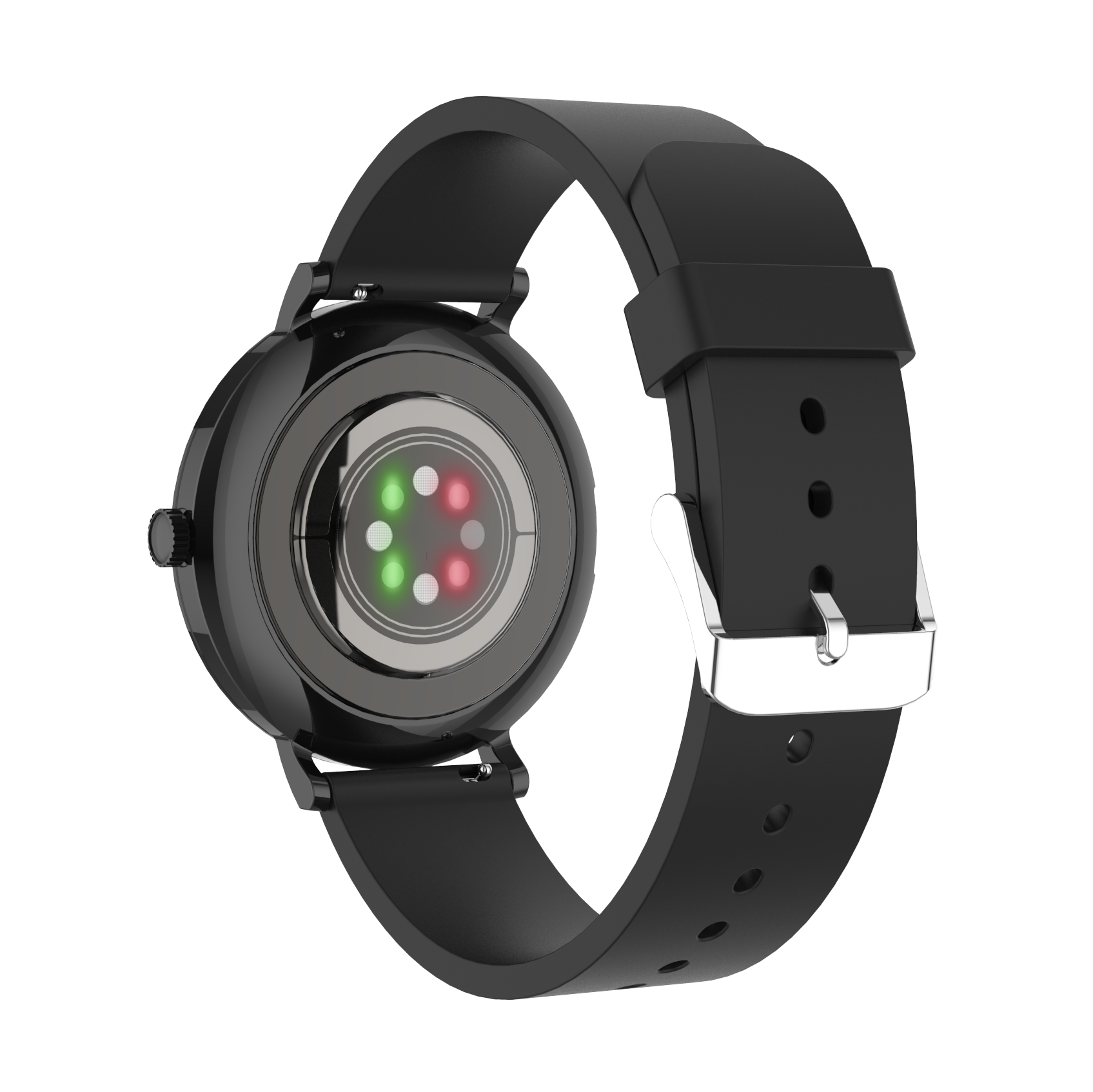 Rückseite einer schwarzen Smartwatch mit Herzfrequenzsensor und Silikonarmband.