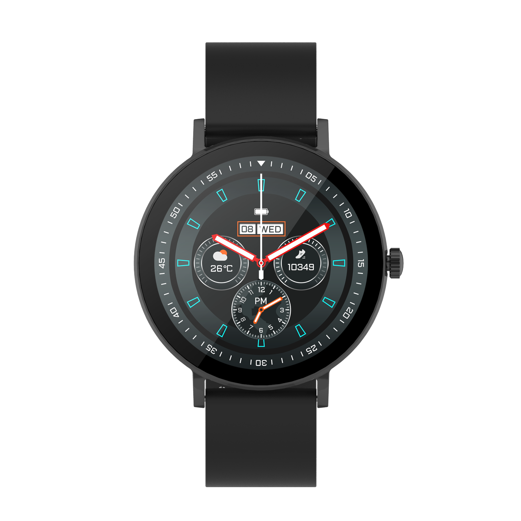Eine schwarze Smartwatch mit rundem Zifferblatt, das Datum, Uhrzeit und Temperatur anzeigt.