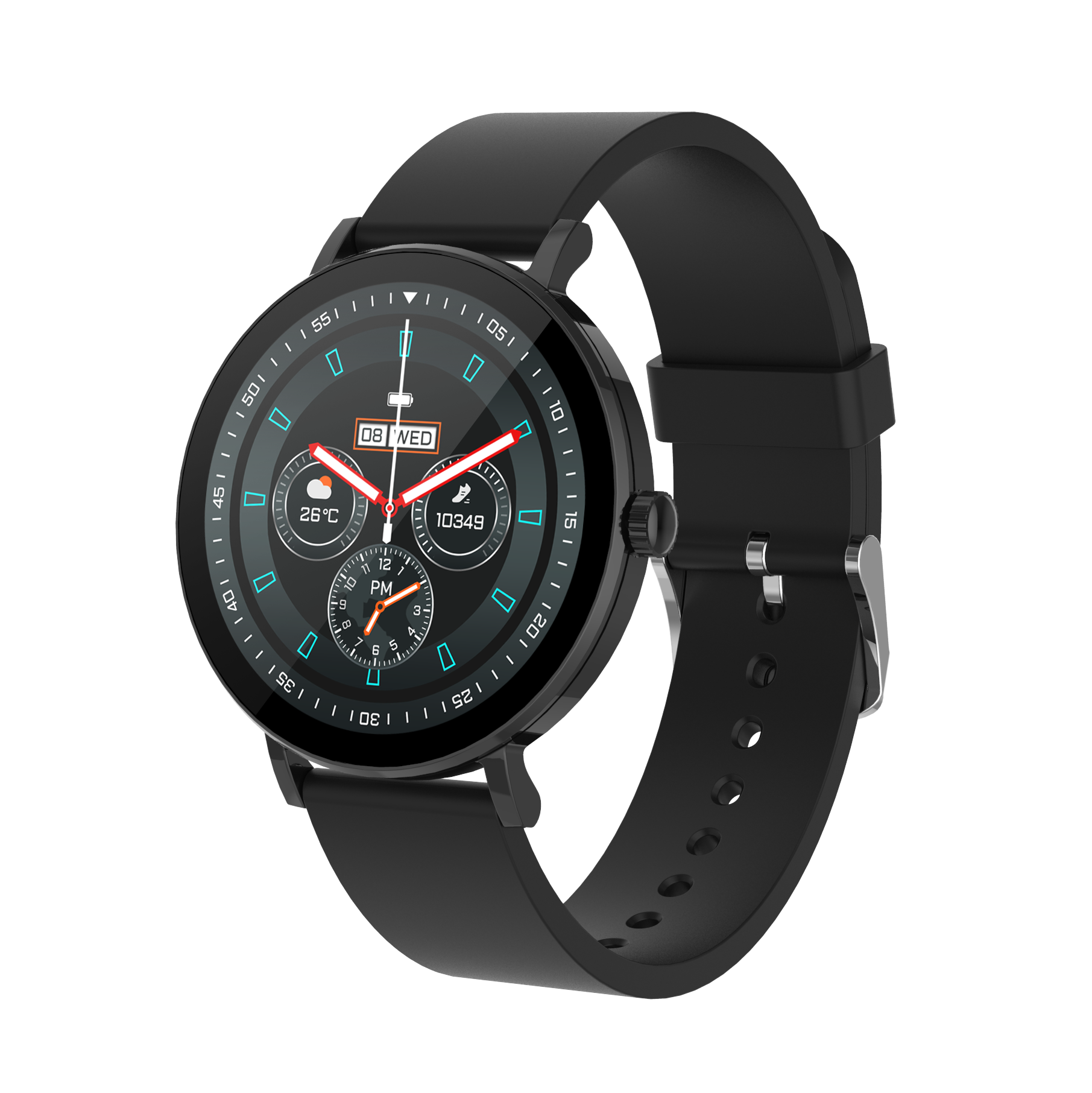 Eine schwarze Smartwatch mit rundem Zifferblatt zeigt 26°C, 10349 Schritte und 08 WED.