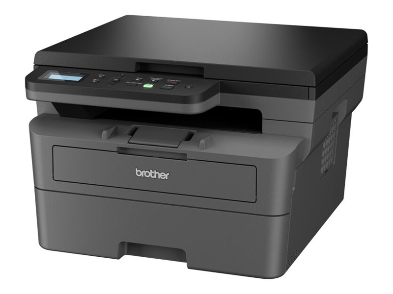 Ein grauer Brother Laserdrucker mit Bedienfeld und Papierfach.