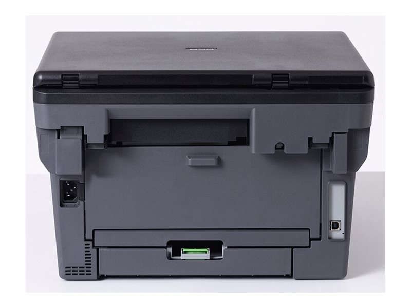 Rückseite eines grauen Druckers mit Stromanschluss und USB-Port.