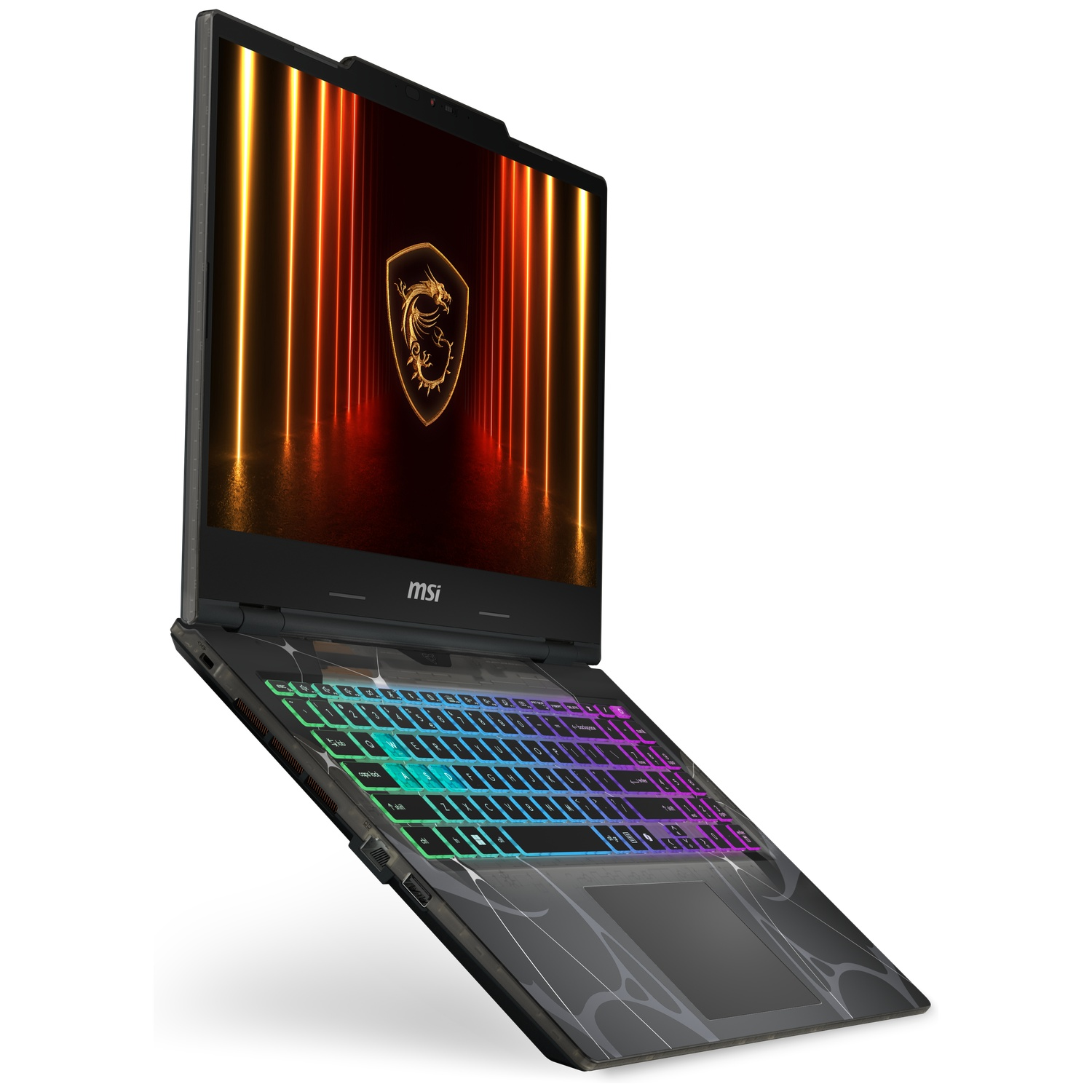 An open MSI laptop with a backlit keyboard and a dragon logo on the screen.