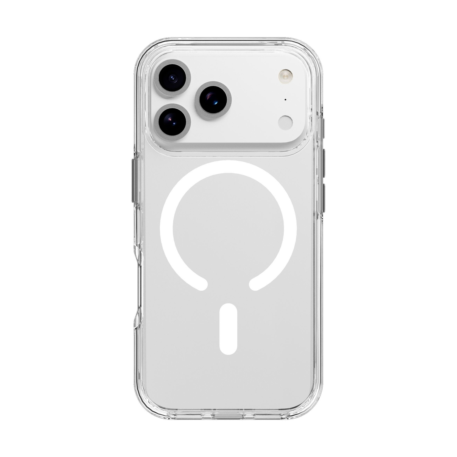 Custodia trasparente per telefono con tre fotocamere e motivo cerchio/trattino.