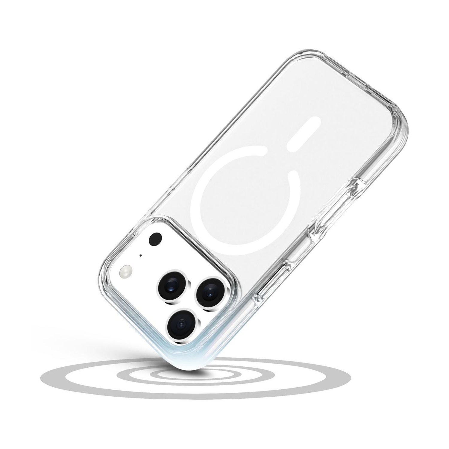 Custodia trasparente per telefono con modulo fotocamera e anello magnetico.