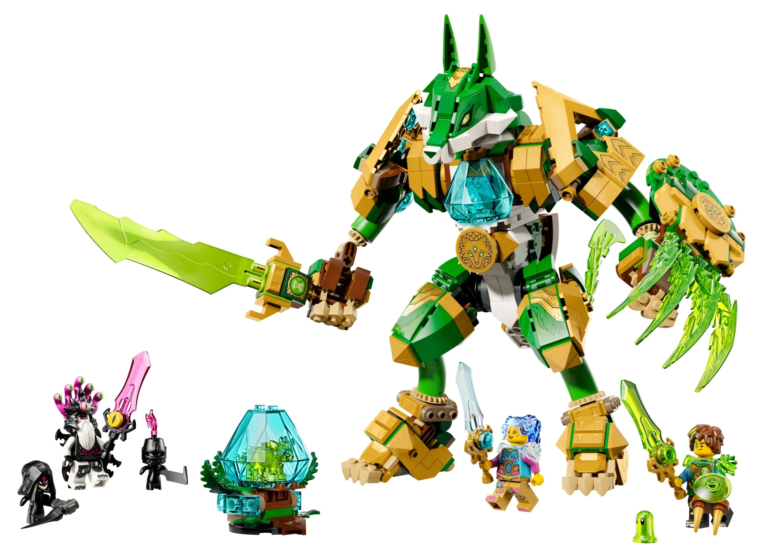 Zielony mech Lego w kształcie wilka ze złotymi akcentami, bronią i figurkami.