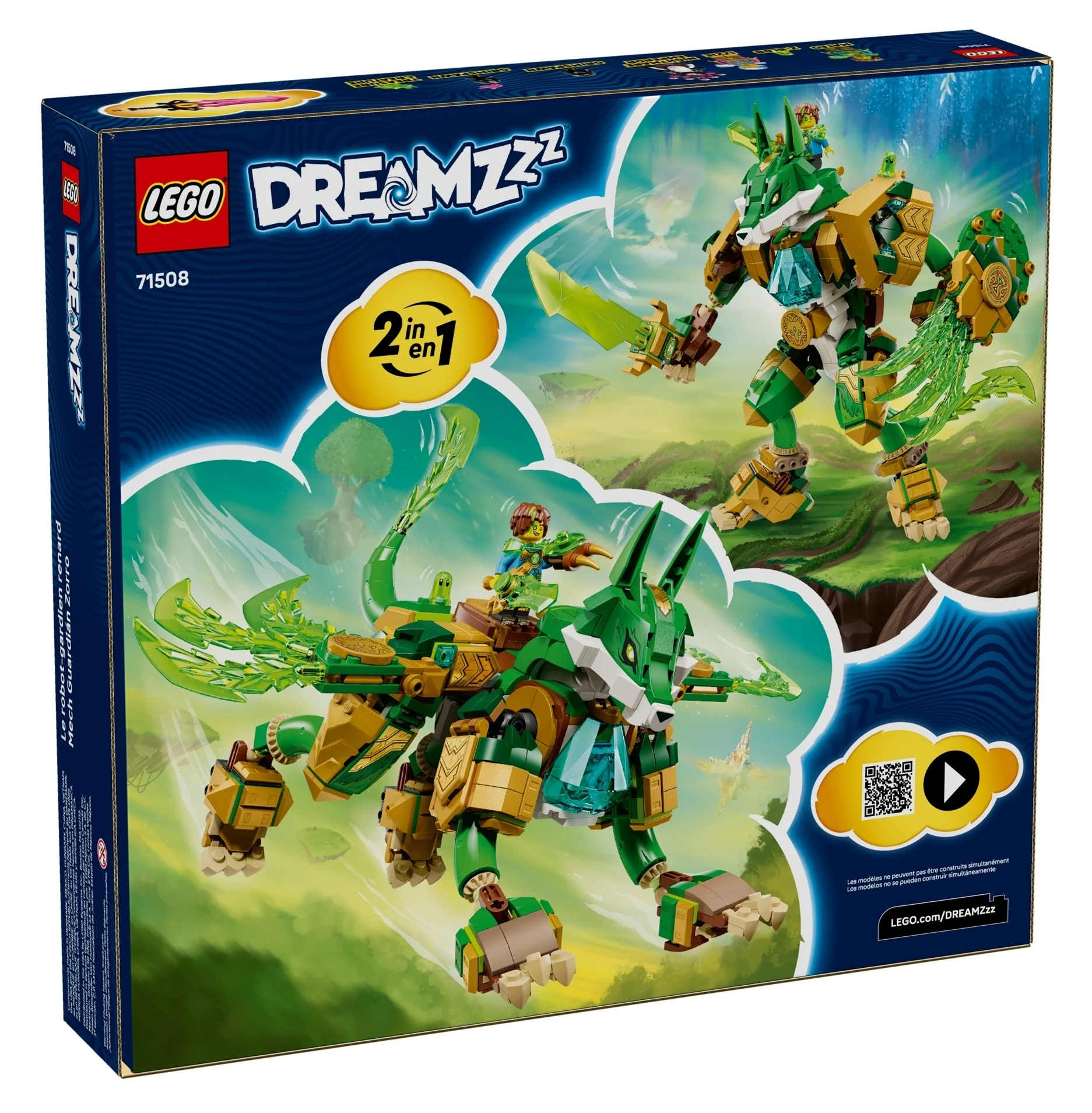 Pudełko Lego pokazuje zielone i złote roboty-zwierzęta z minifigurkami.
