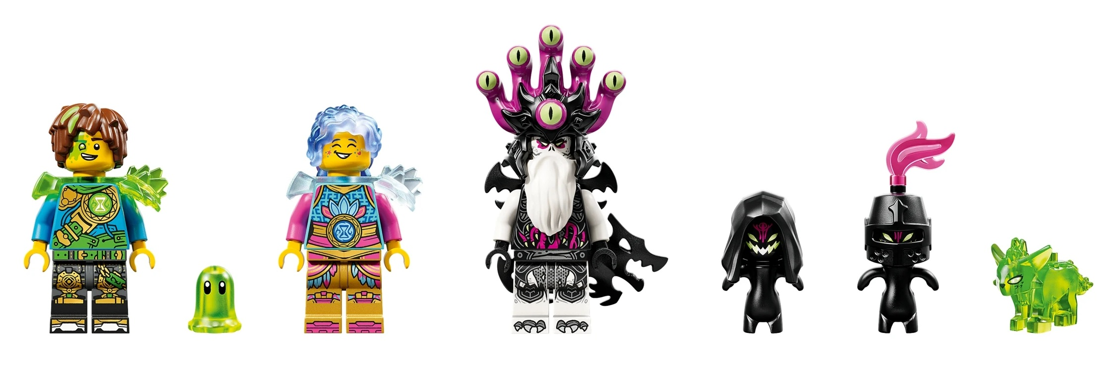 Figurki Lego: chłopiec, duch, dziewczynka, złoczyńca z mackami, dwie czarne postacie, zielone zwierzątko.