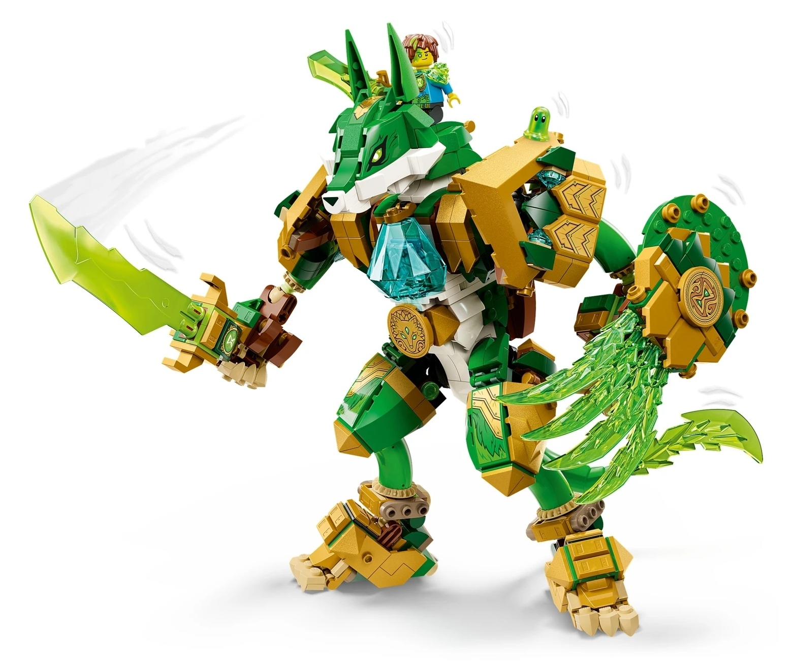 Zielony i złoty mech-wilk lego z szermierzem i zieloną istotą na górze.
