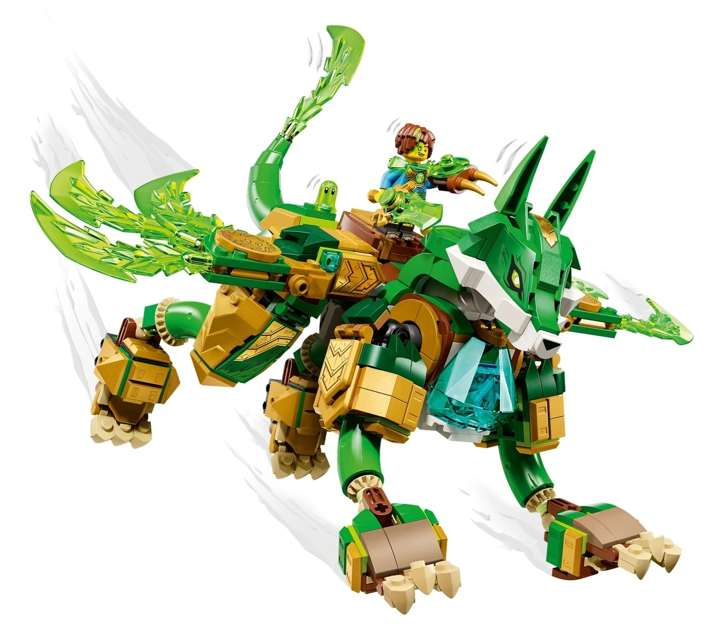 Zielony wilk Lego z chłopcem na grzbiecie, biegnący na białym tle.