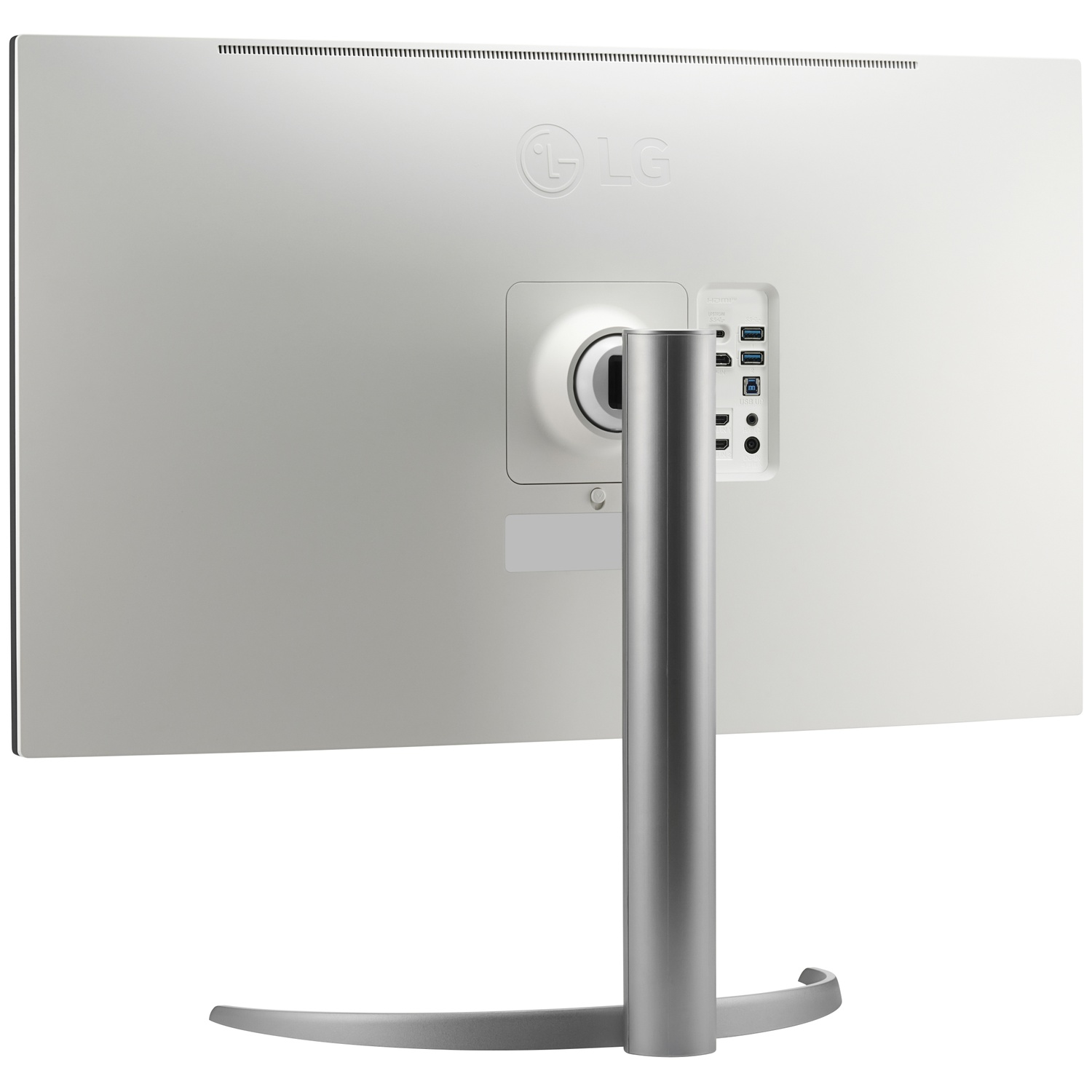 Vue arrière d'un moniteur LG blanc avec support argenté et ports.