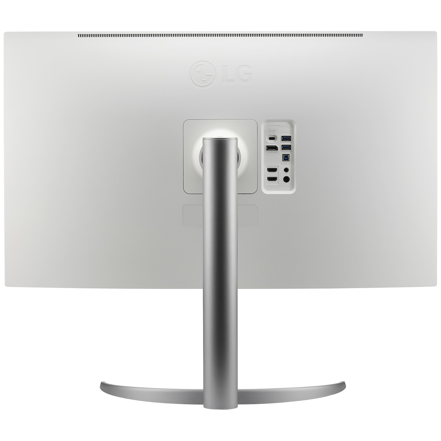 Arrière d'un moniteur LG blanc avec pied argenté et ports.