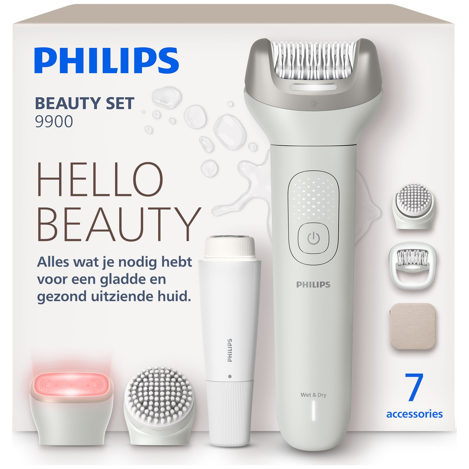 Philips Beauty Set 9900 with epilator, facial cleansing brushes, and charging light.