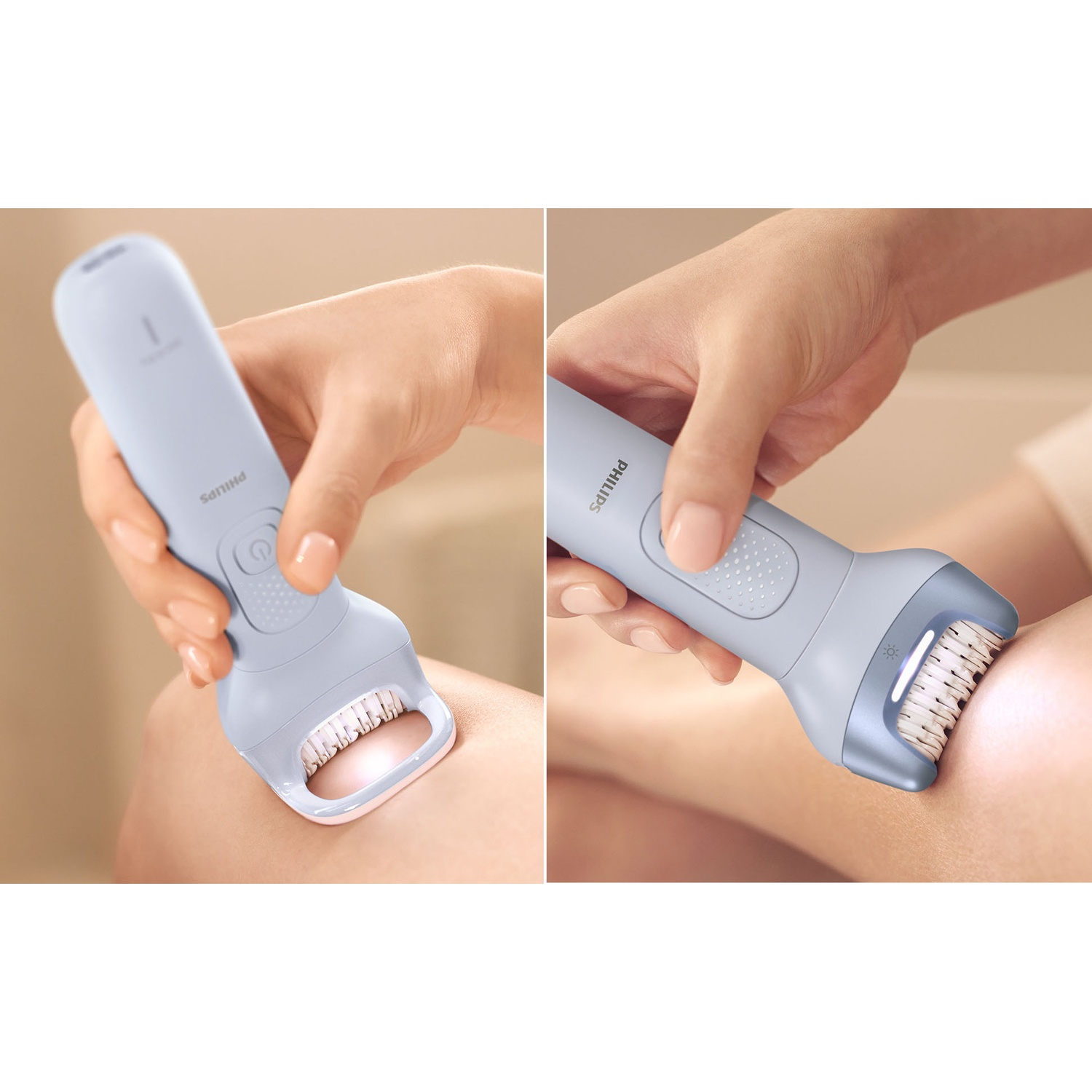 A hand holds a light blue epilator being used on a leg.