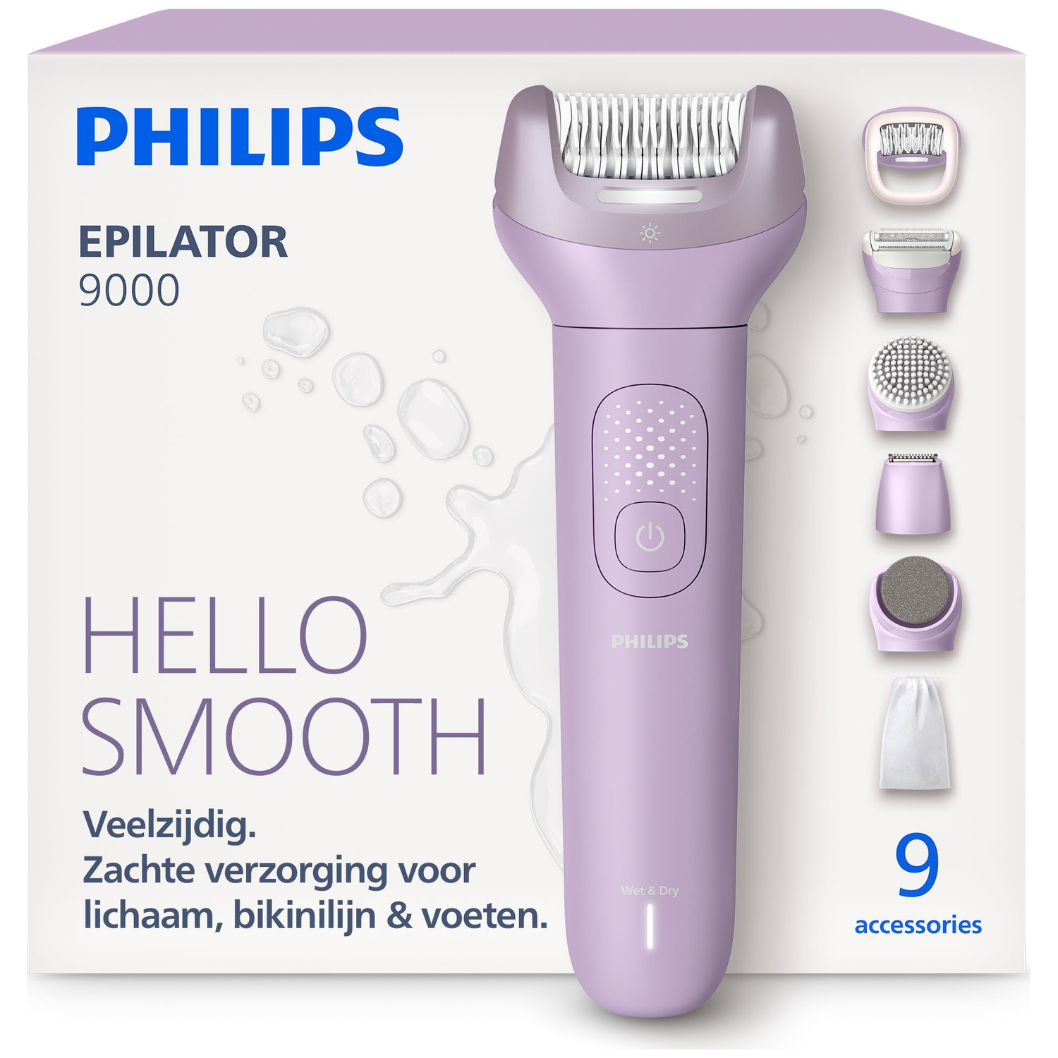 Philips Epilator 9000 in purple with 9 accessories, including attachments.