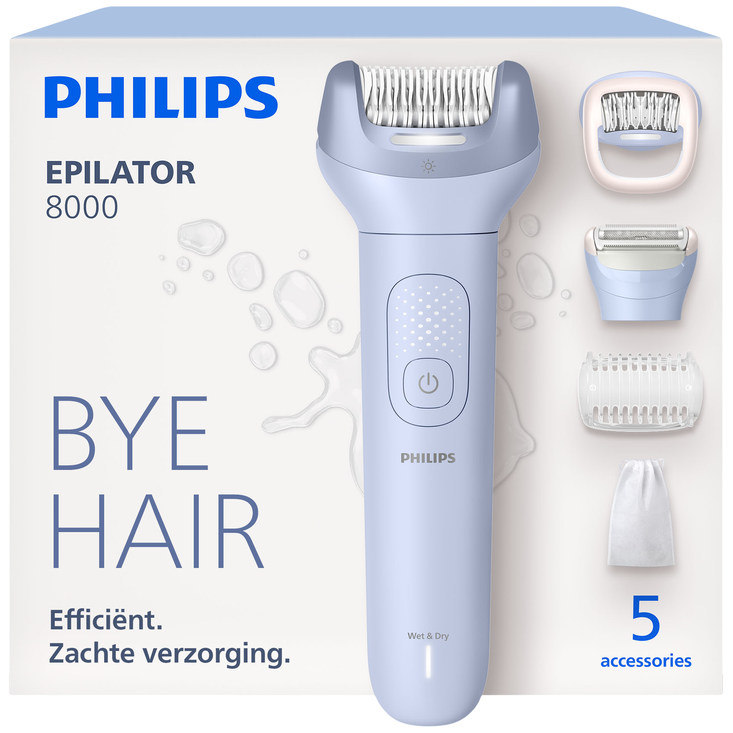 Philips Epilator 8000 met 5 accessoires, waaronder epileerhoofd, scheeropzetstuk en kam.
