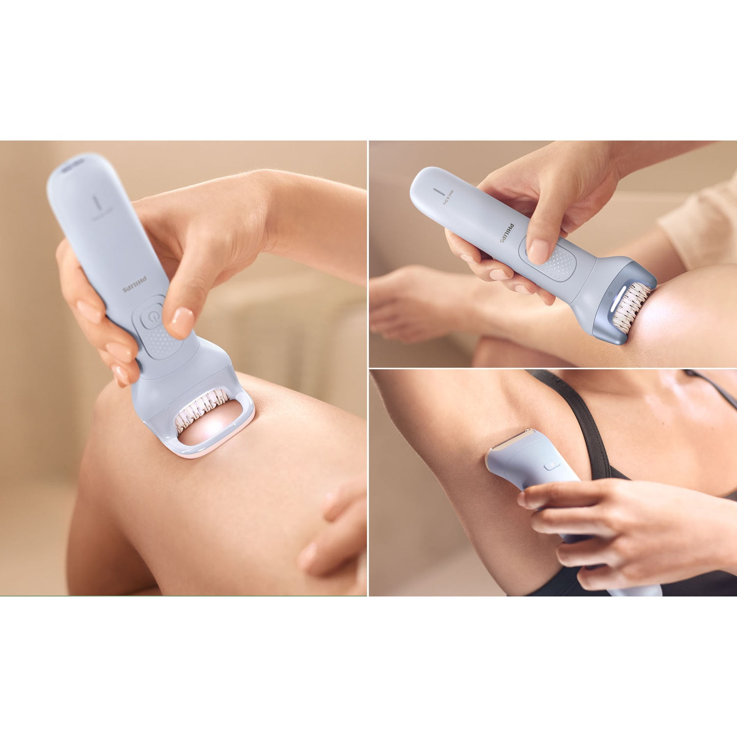 Een lichtblauwe epilator wordt gebruikt op been en oksel.
