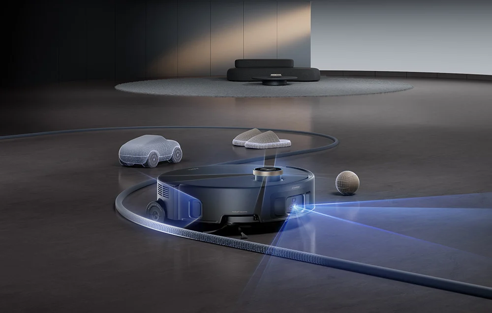 Egy robotporszívó tisztít egy sötét szobát kék fénysugarakkal.