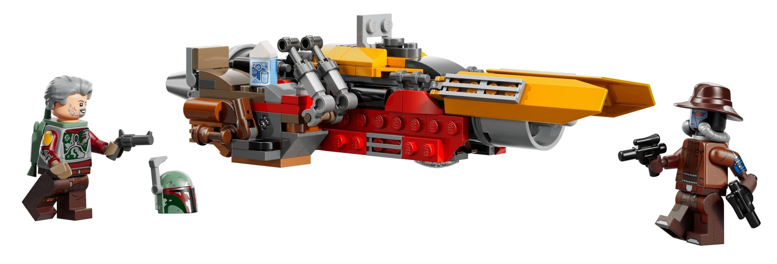 Trzy figurki Lego i żółty statek kosmiczny z czerwonymi i brązowymi akcentami.