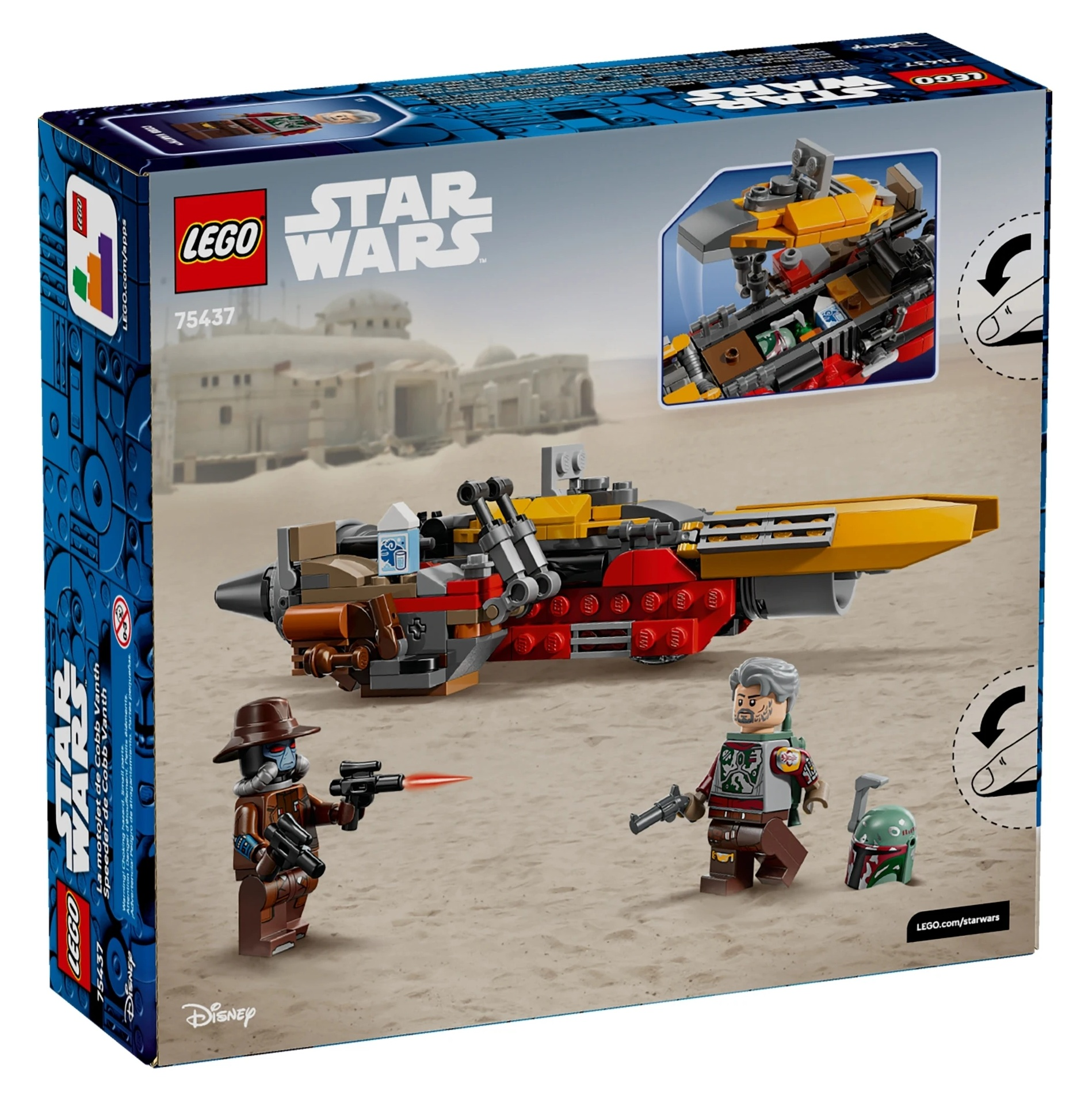 Zestaw LEGO Star Wars z figurkami i speederem na piaszczystym tle.