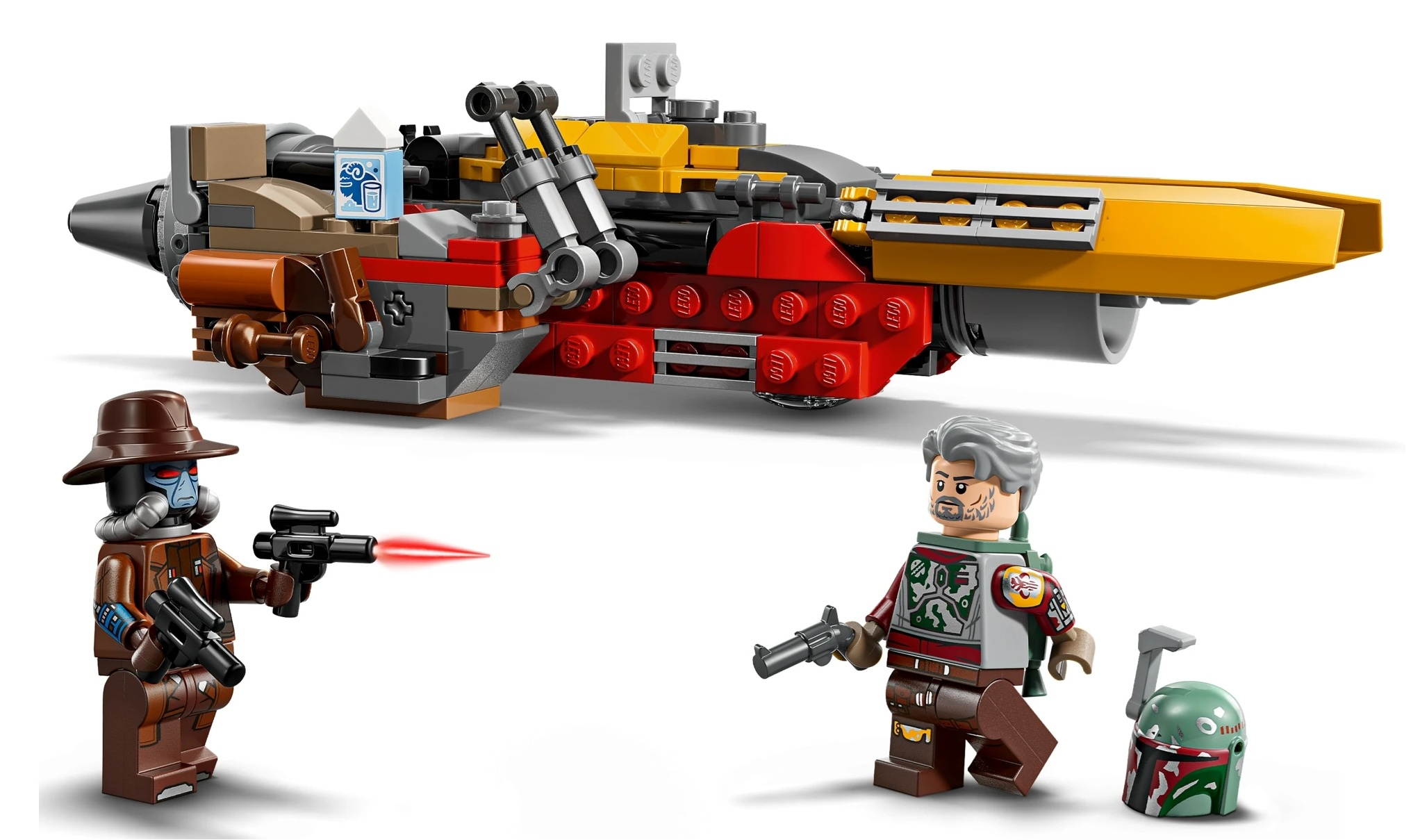 Statek Lego z dwiema figurkami: jedna w brązie, strzelająca, i jedna z hełmem.