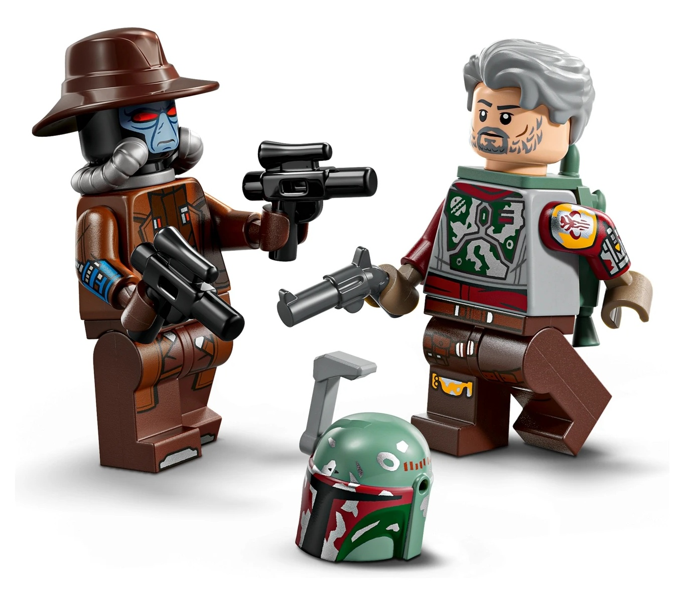 Dwie figurki Lego z bronią i kask na białym tle.