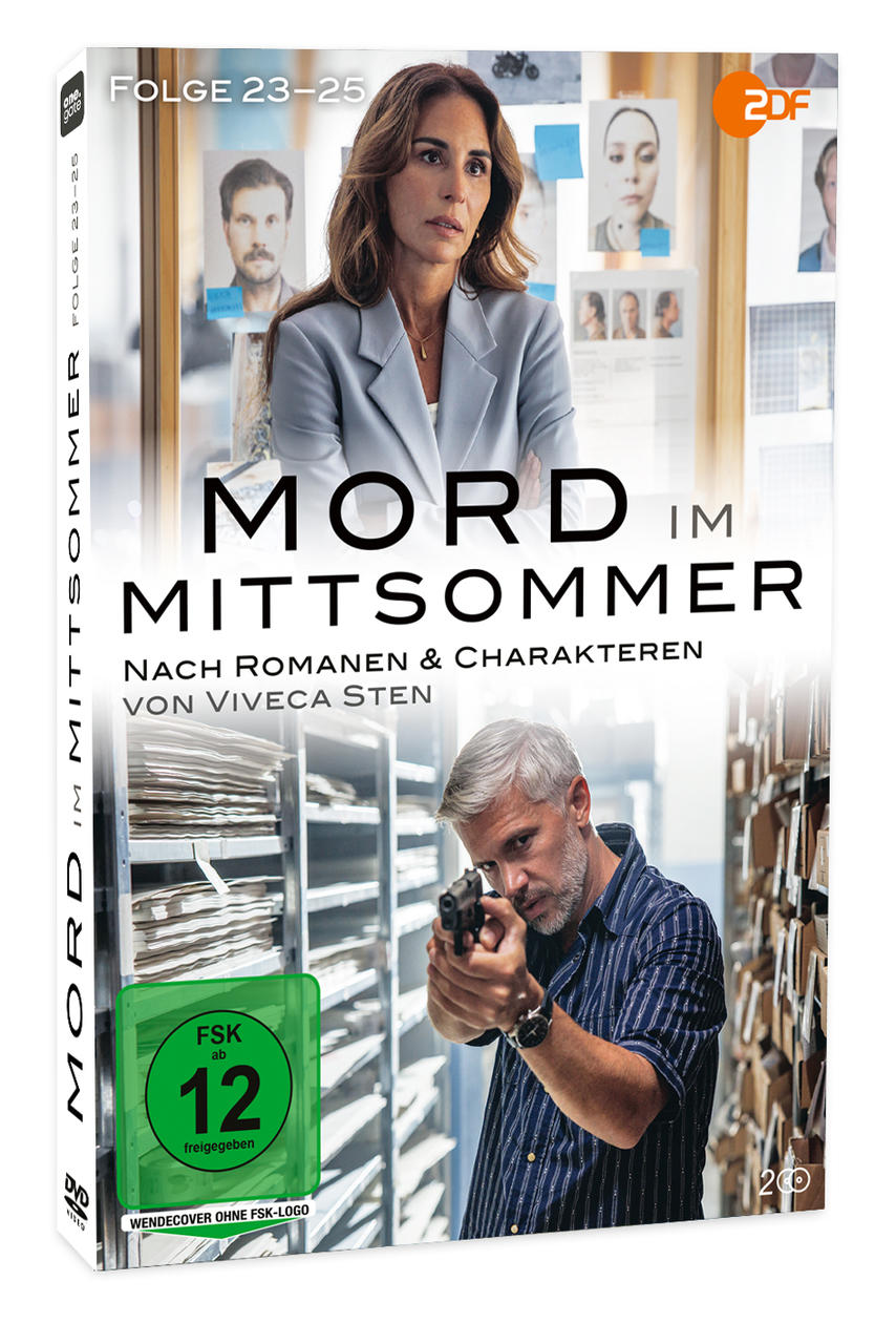 DVD-Cover mit Frau und Mann mit Waffe, Titel 'Mord im Mittsommer'.