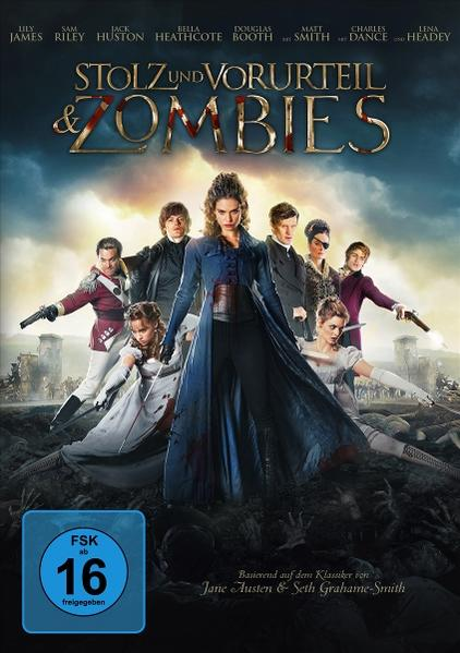 Ein Ensemble aus "Stolz und Vorurteil & Zombies" posiert, mit einer Frau in Blau im Zentrum.