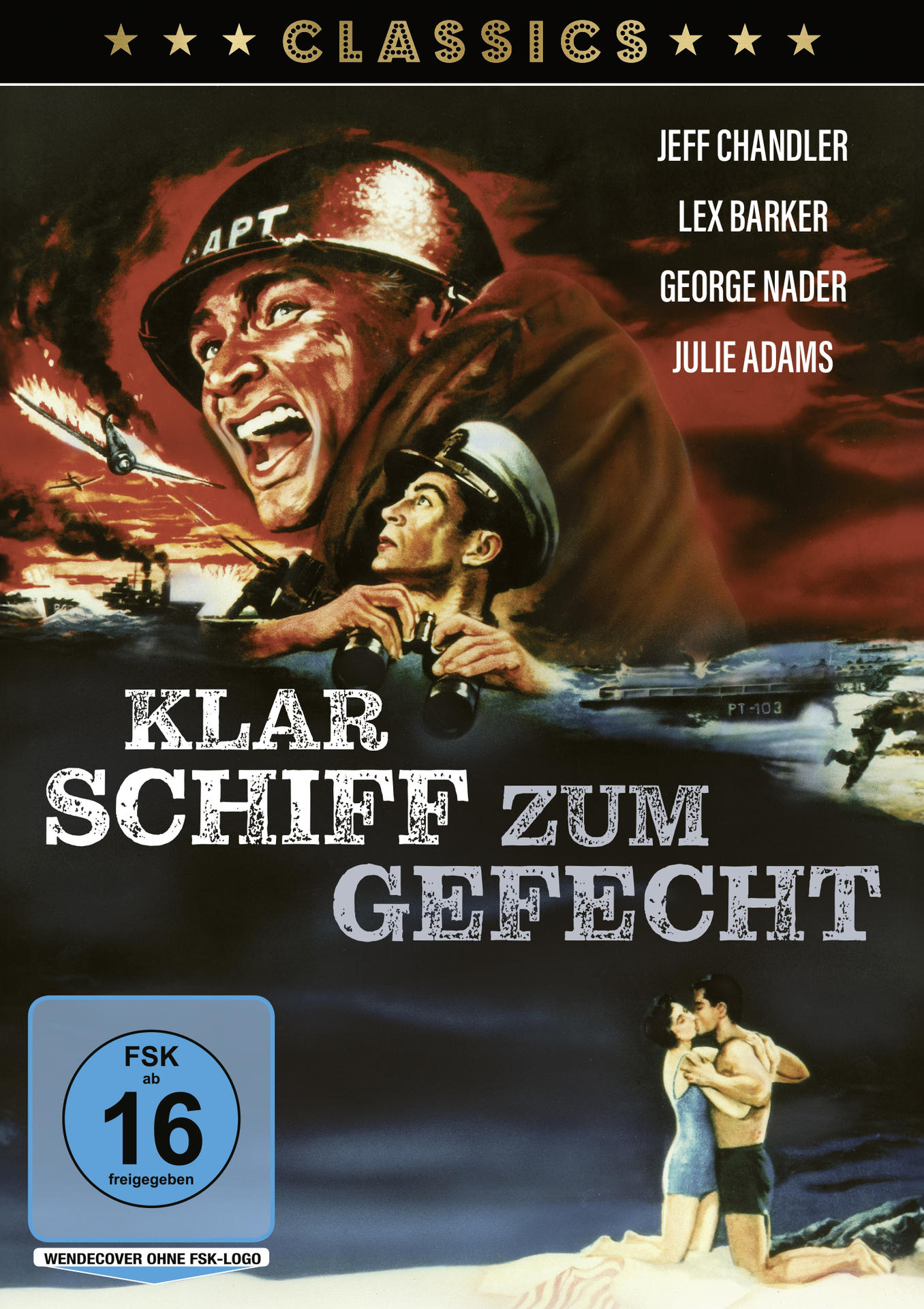 Filmplakat mit Soldaten, Schiffen, Flugzeugen und einem küssenden Paar.