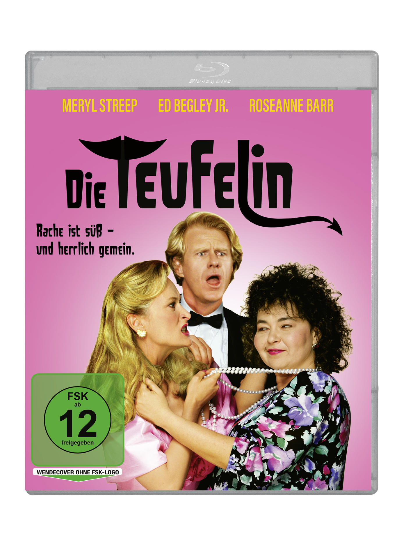 Drei Personen auf einem pinken Hintergrund. Titel "Die Teufelin".