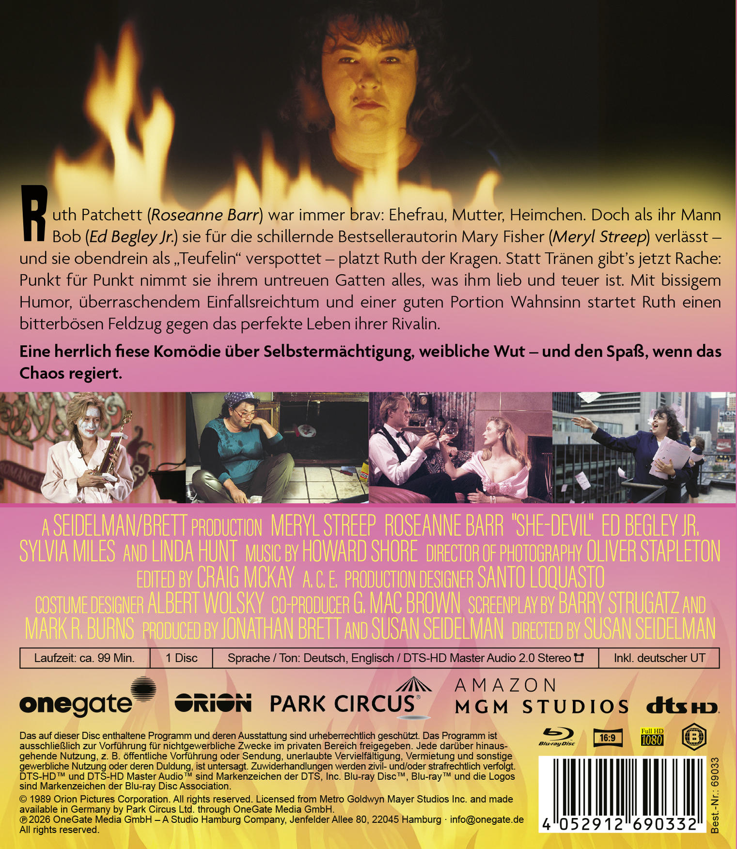 Filmplakat mit brennendem Hintergrund und drei Filmszenen. Namen und Logos.