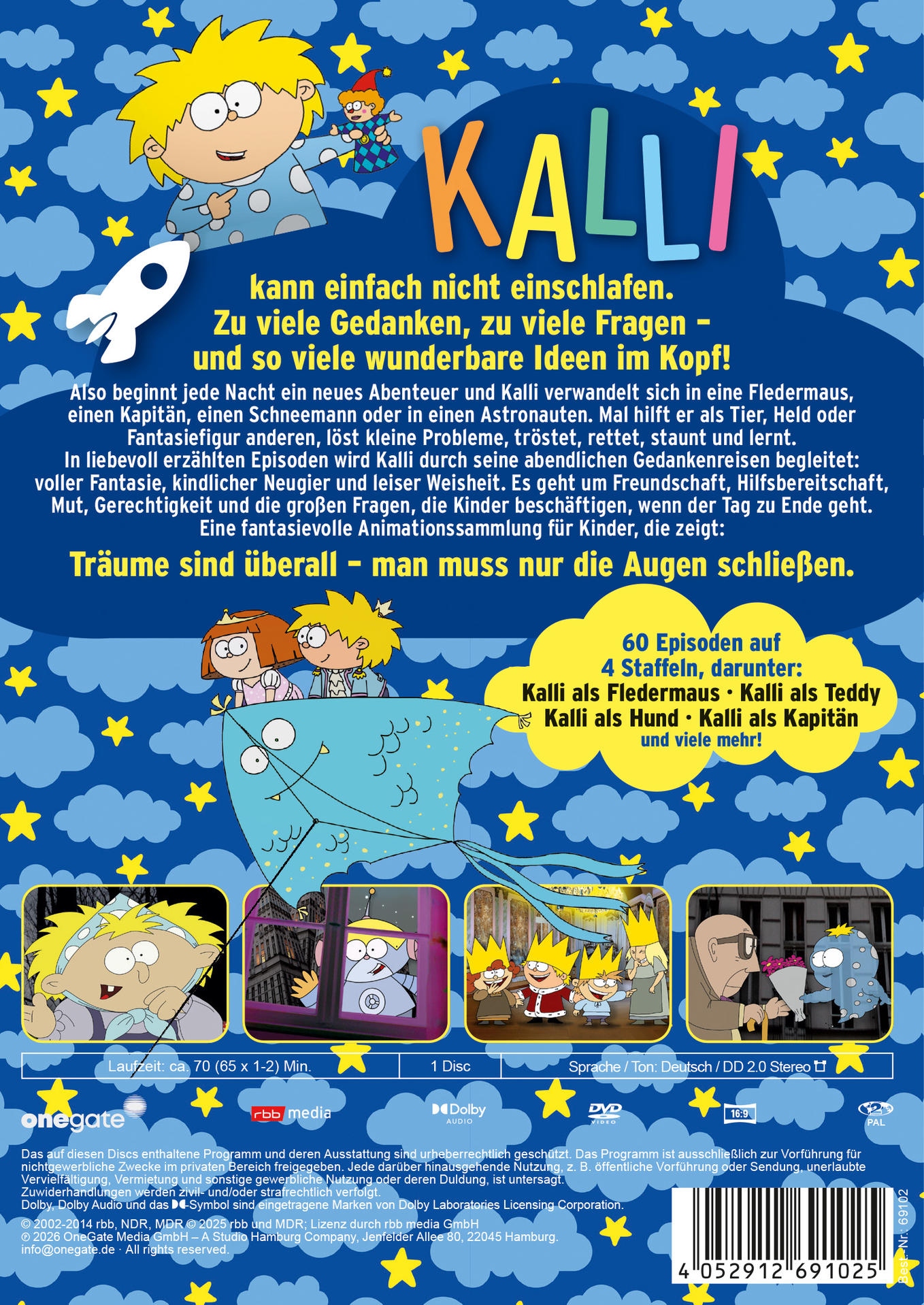 DVD Cover mit Titel Kalli, Sterne, Wolken und Zeichentrickfiguren.
