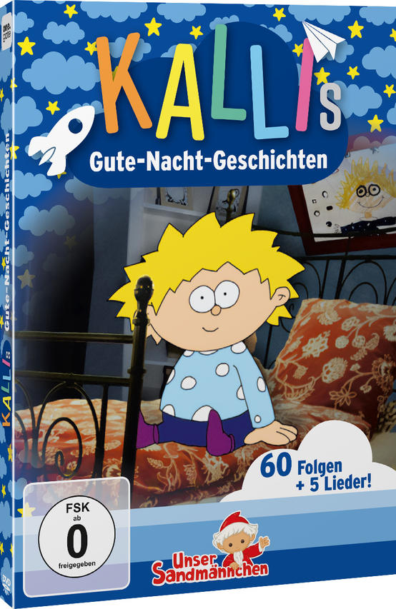 Kinder-DVD Cover: Zeichentrickfigur sitzt im Bett. Sterne & Wolken.