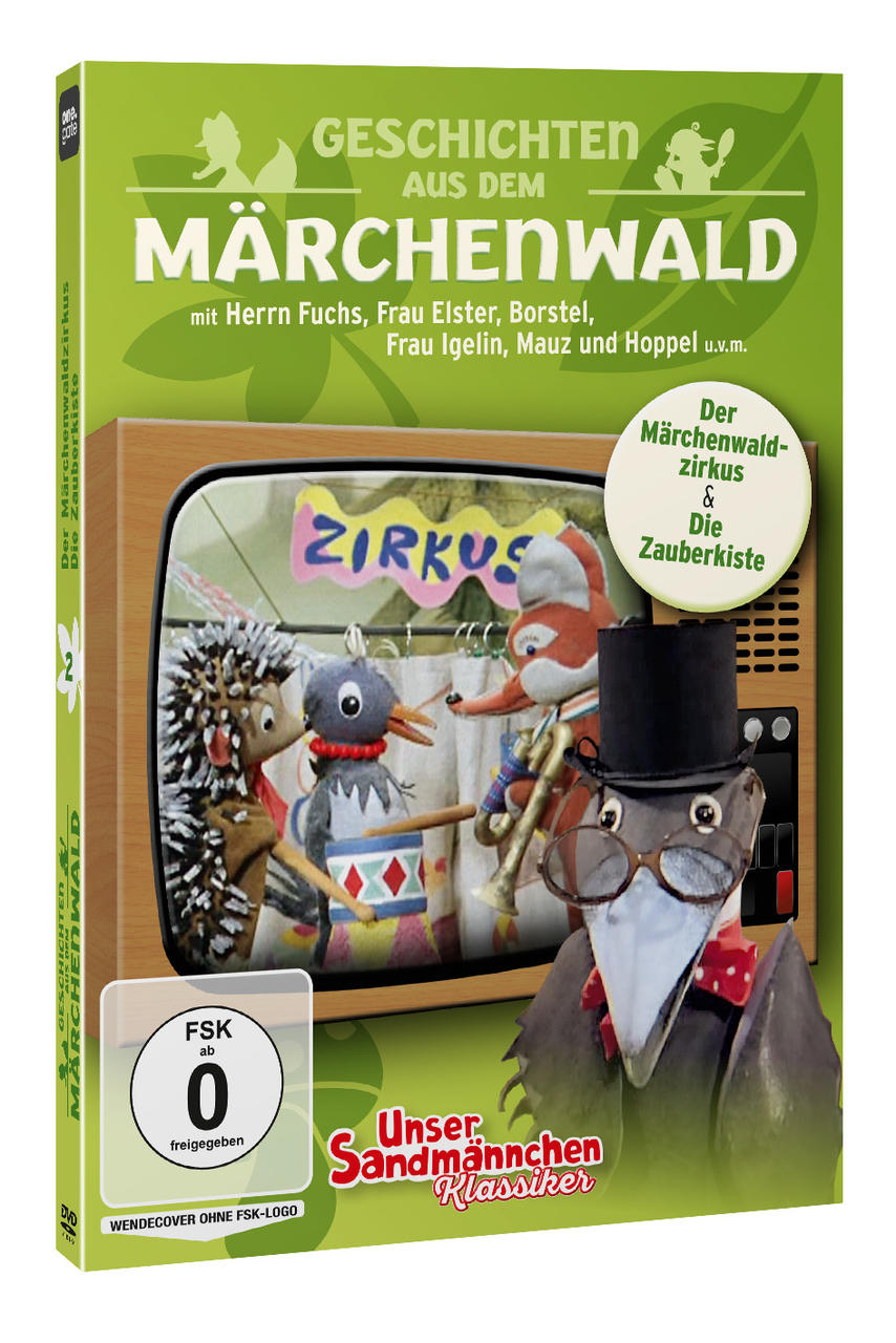 DVD-Cover: Märchenwaldzirkus mit Puppenfiguren: Igel, Vogel, Fuchs und Rabe.