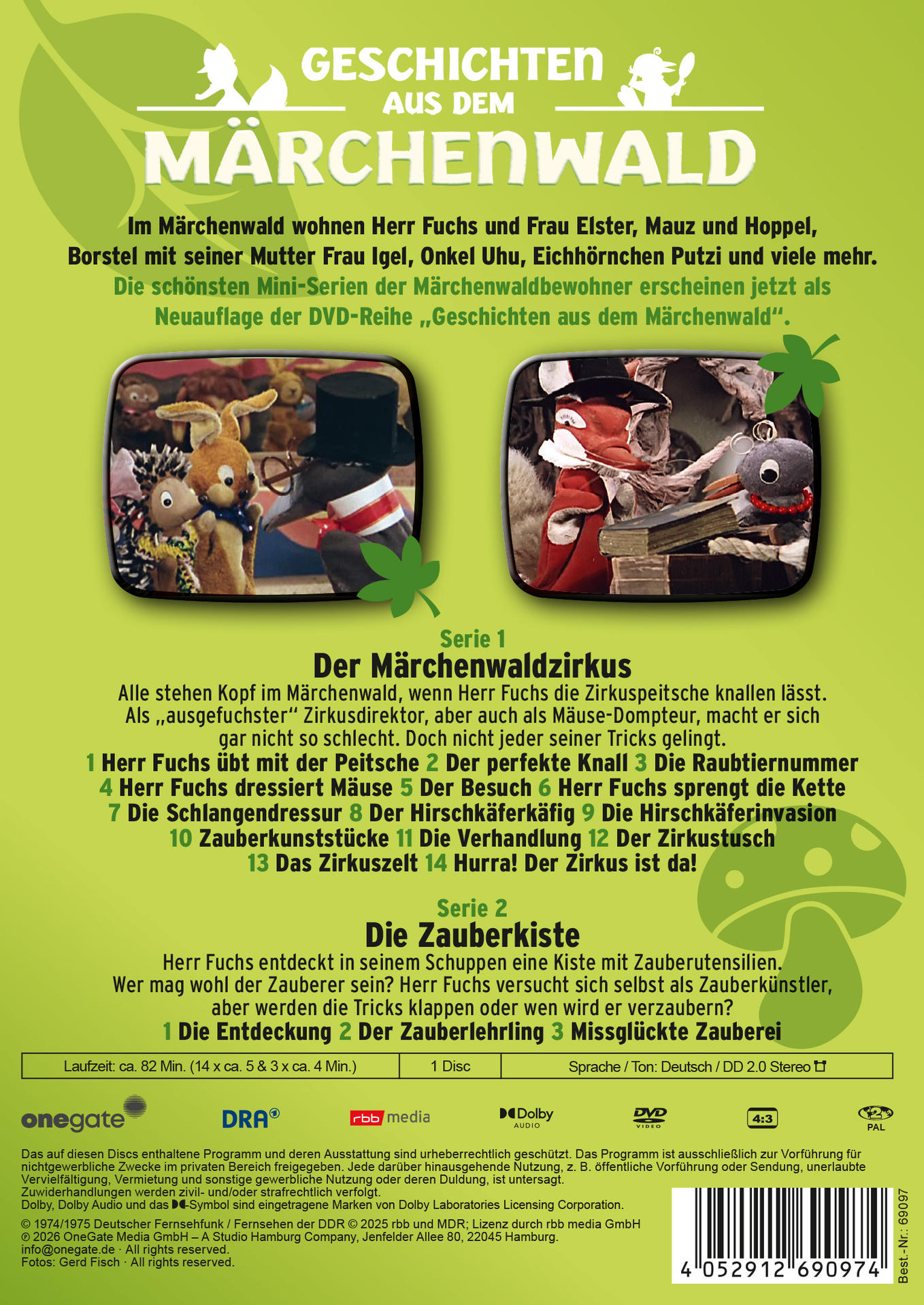 DVD-Cover für Märchenwald, mit Fuchs, Igel und Hase. Titel und Episoden.