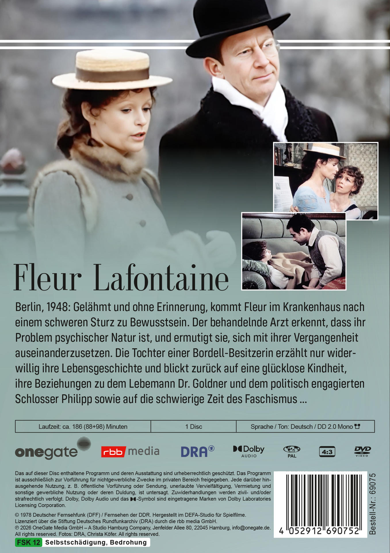 Ein Mann und eine Frau in historischer Kleidung, mit Text über den Film Fleur Lafontaine.