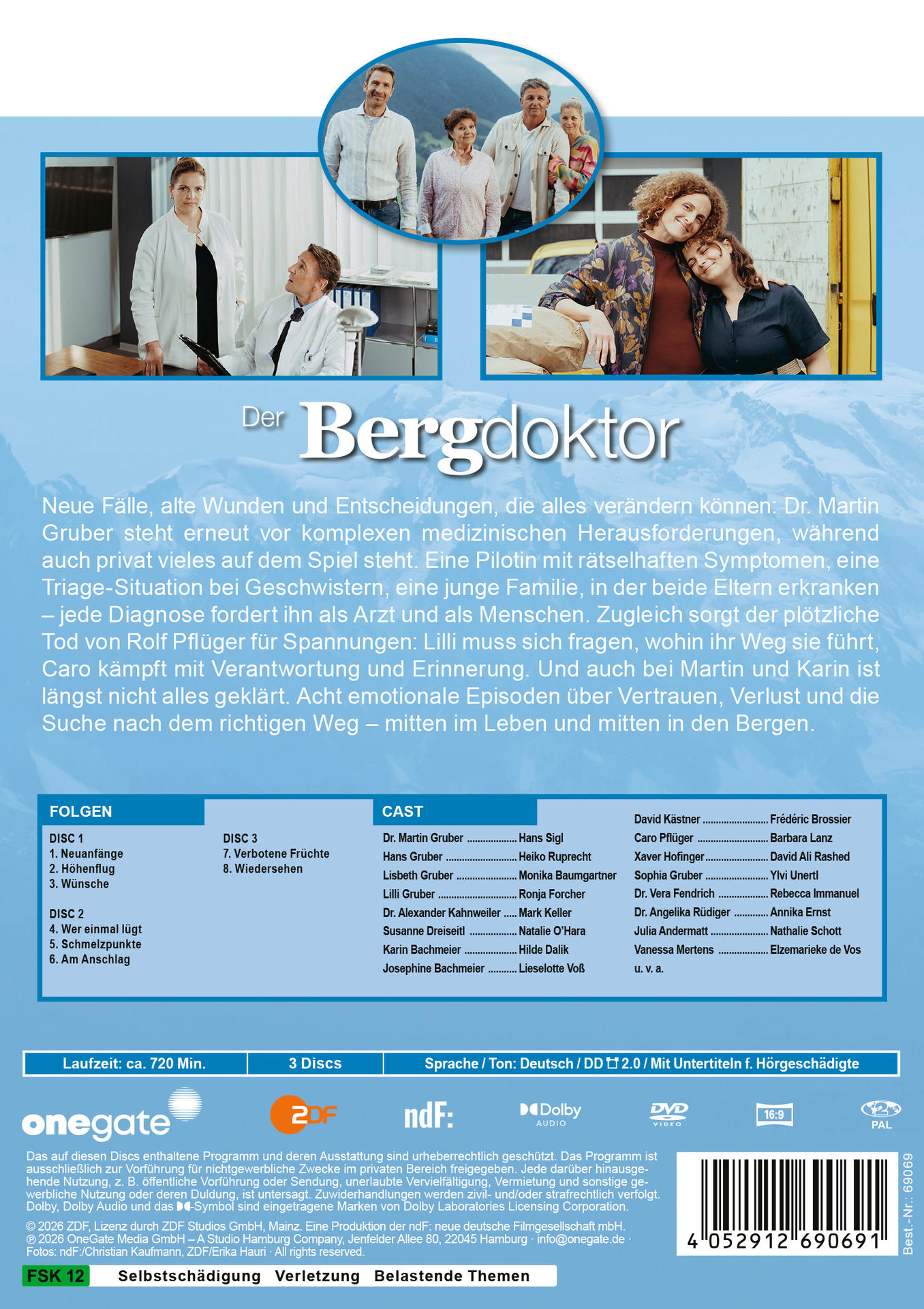 Das "Der Bergdoktor" DVD-Cover zeigt die Hauptdarsteller in drei Szenen.