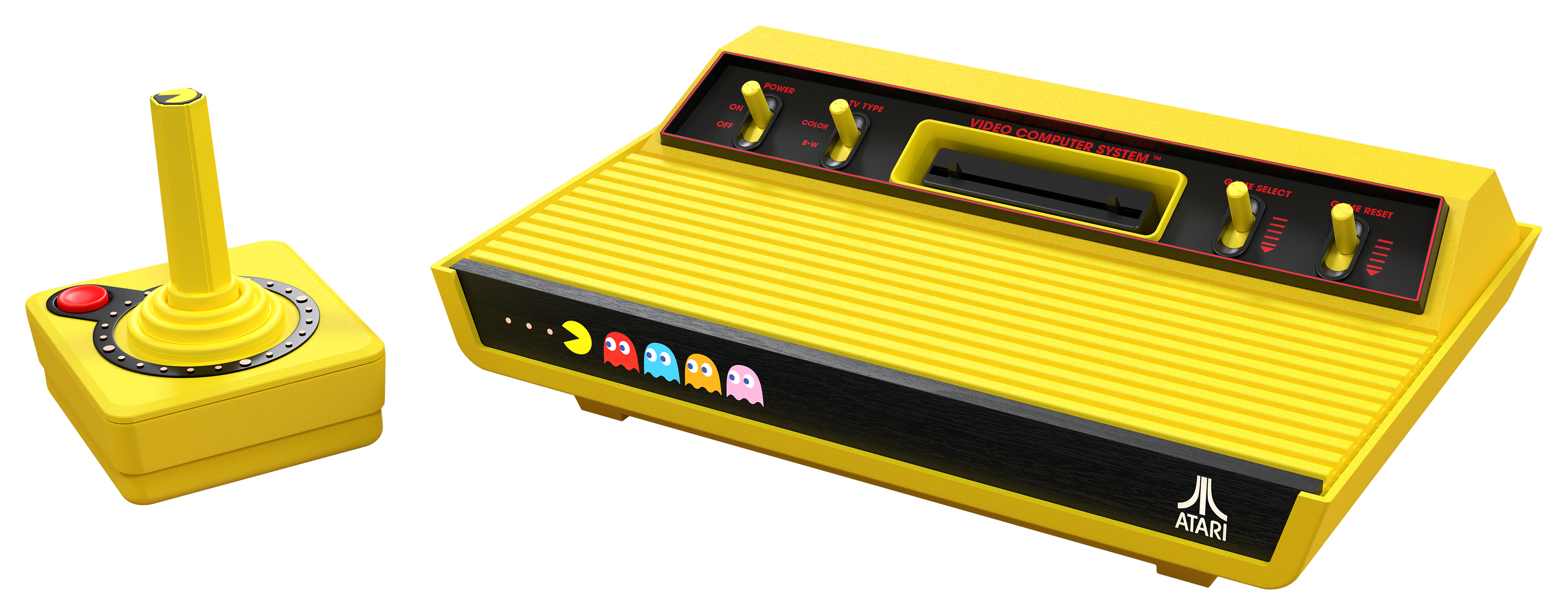 Gelbe Atari-Konsole mit Joystick und Pac-Man-Motiv. Wei8er Hintergrund.