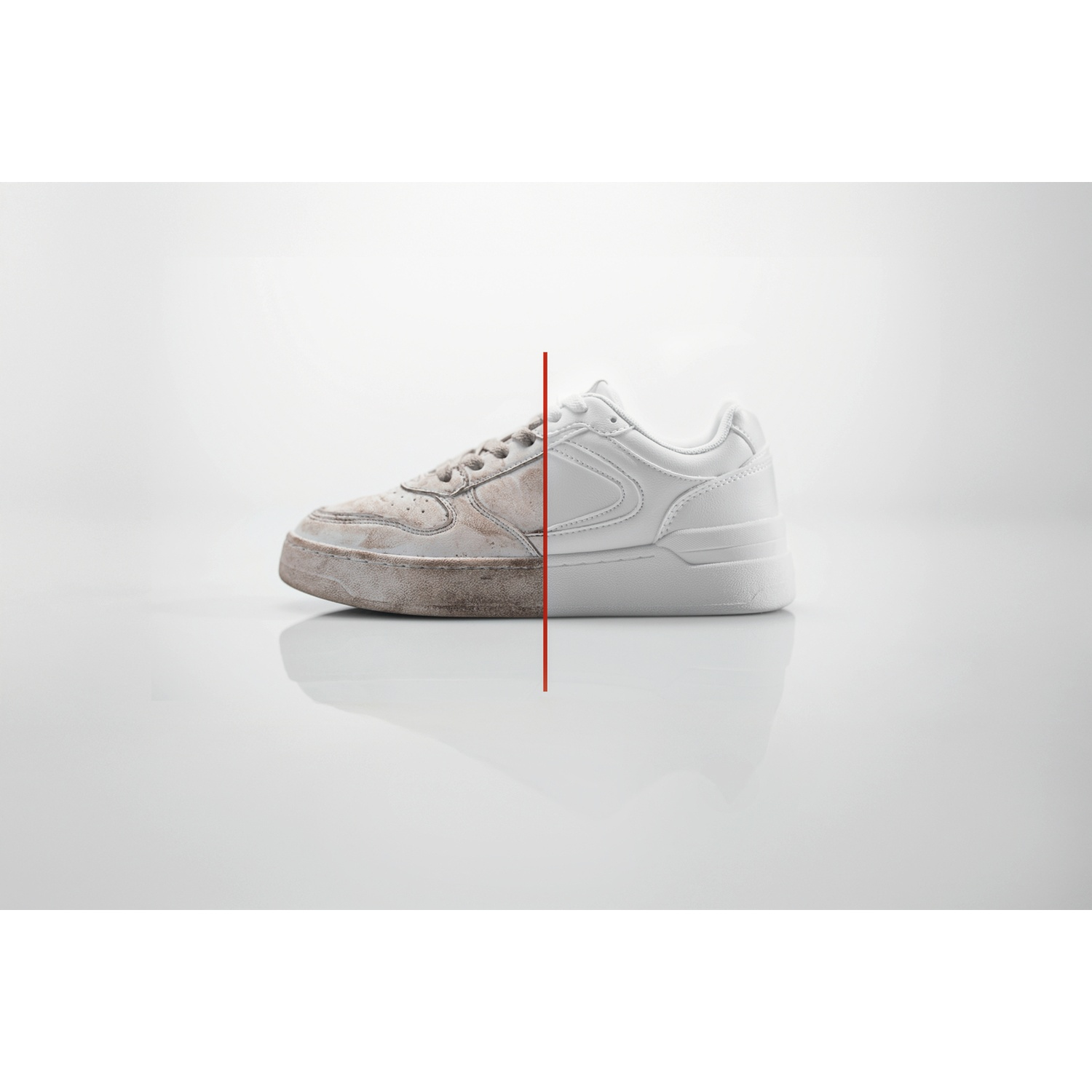 A dirty and a clean white sneaker side-by-side, divided by a red line.