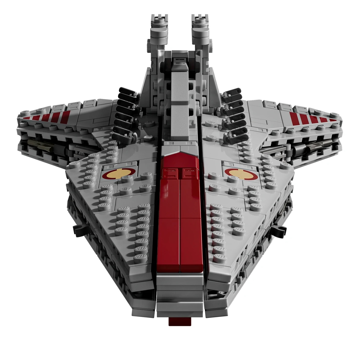 Szary statek kosmiczny Lego z czerwonymi akcentami i skrzydłami.