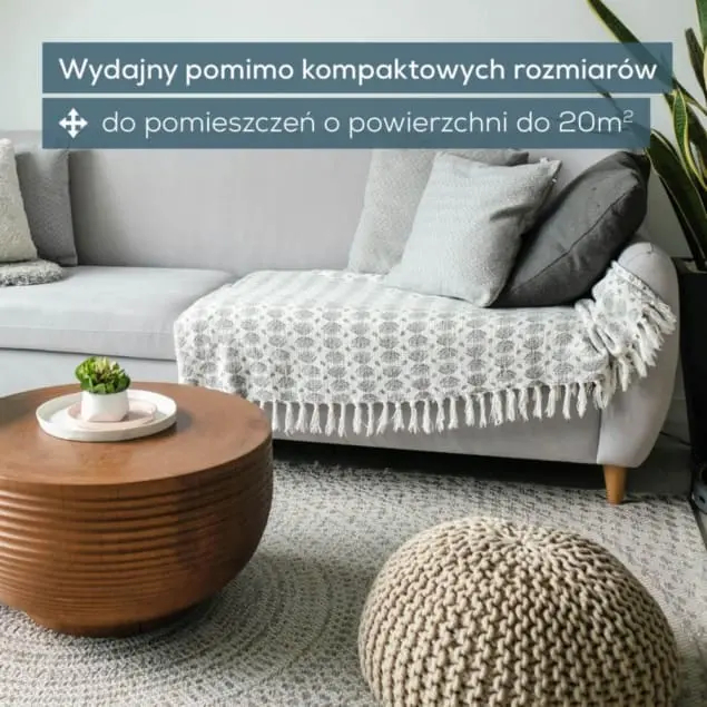 Szara sofa z kocem, drewniany stół i puf w salonie.
