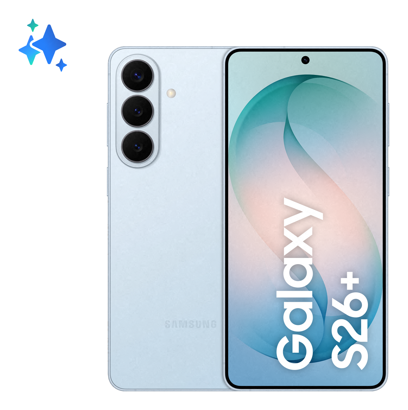 Un telefono Samsung Galaxy S26+ azzurro con tre fotocamere.
