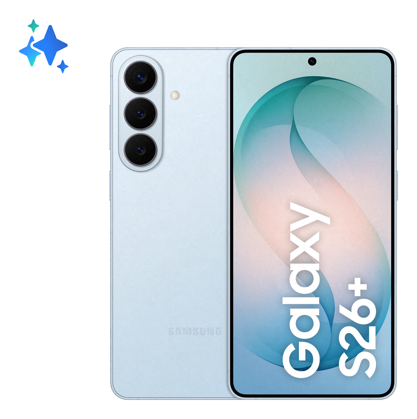 Ein hellblaues Samsung Galaxy S26+ Smartphone mit drei Kameras auf der Rückseite.