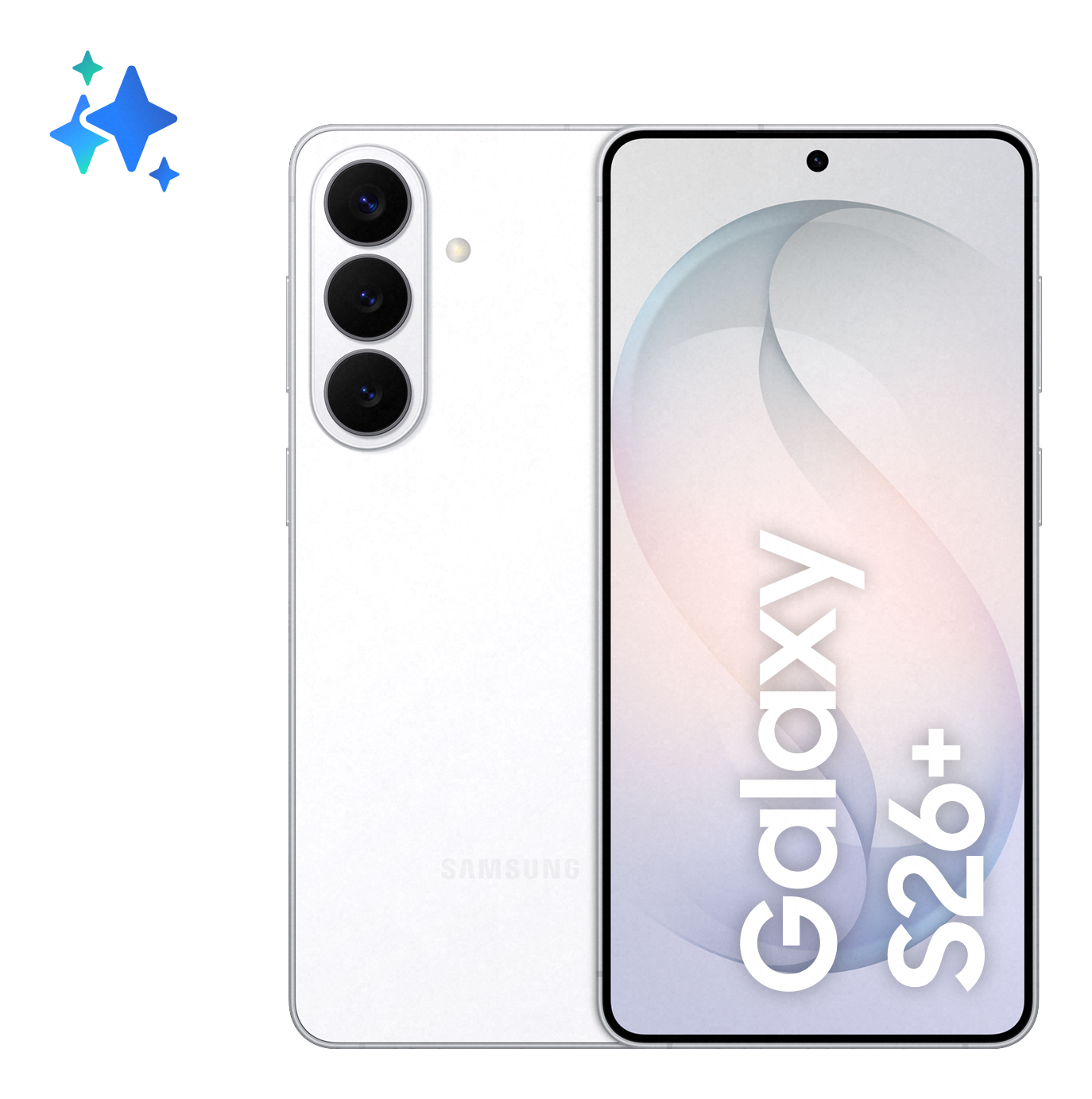 Ein weißes Samsung Galaxy S26+ Smartphone mit drei Kameras auf der Rückseite.