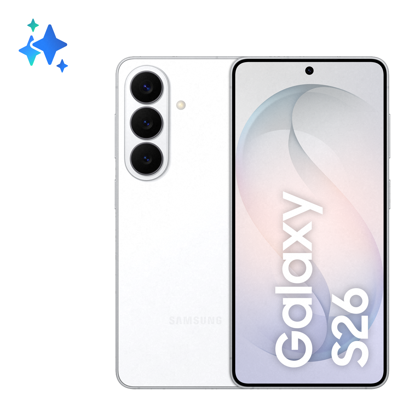 Ein weißes Samsung Galaxy S26 Smartphone mit drei Kameras und einem Bildschirm.
