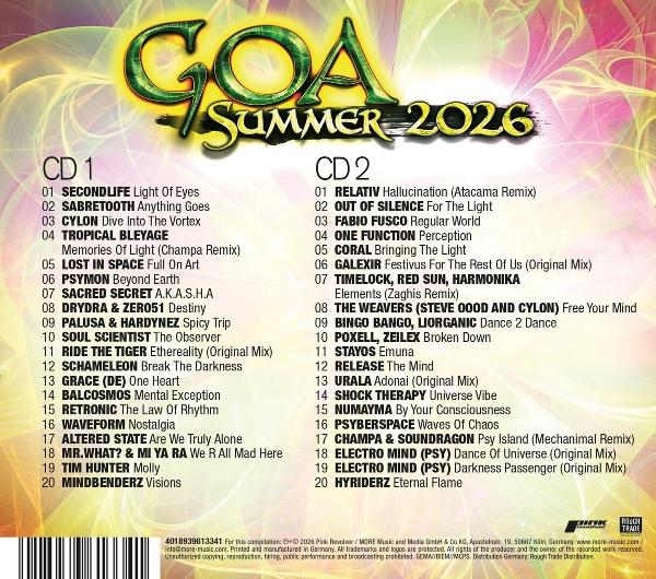 Cover der Goa Summer 2026 CD-Compilation mit Tracklisten für CD1 und CD2.