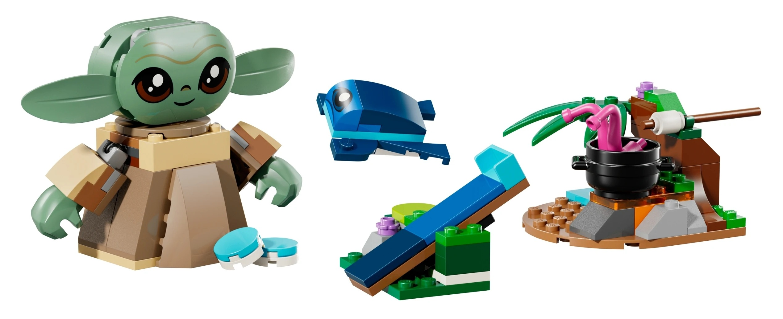 Zielone Lego dziecko z dużymi uszami stoi obok niebieskiej Lego ryby.